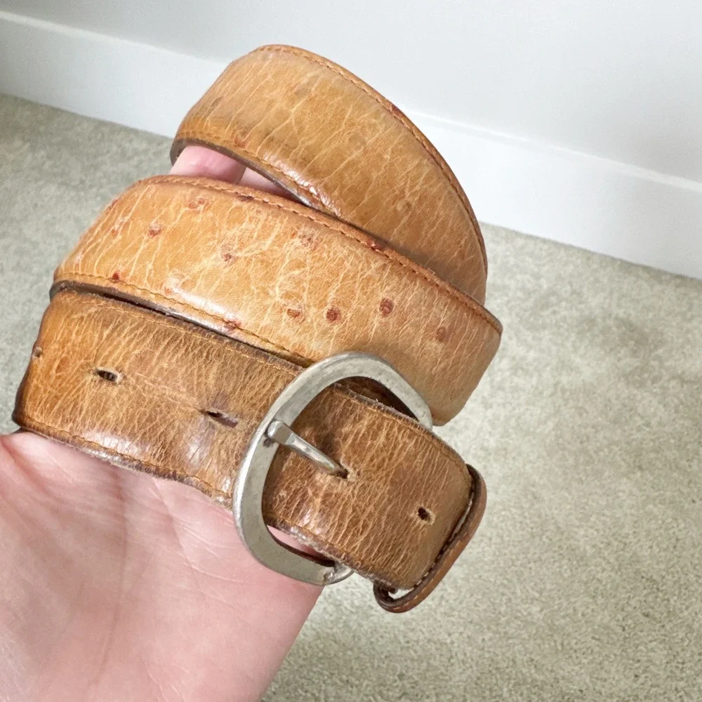Vintage‎ Ostrich Leather Belt Tan Brown Silver Buckle Western Boho Size 38